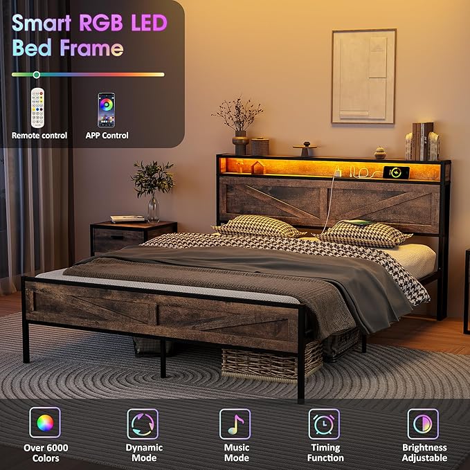 Vabches Full Size Bed Frame with Headboard and Charging Station, Brown Platform Bed Frame with Led Light, No Box Spring Needed, Noise Free Farmhouse Bedroom Set