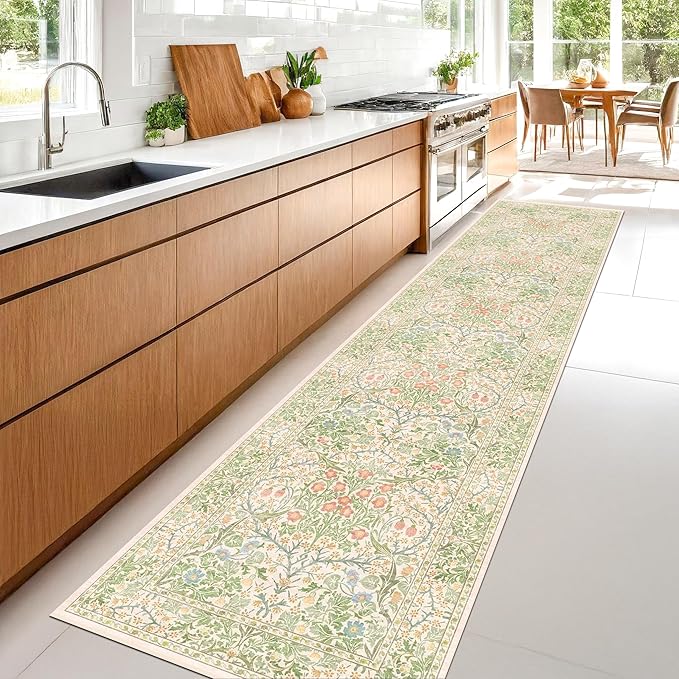 Washable Beige Green 2x10 Runner Rug for Hallway Kitchen Entryway Laundry Room, Non-Slip Stain Resistant Long Floor Mat, Vintage Floral Aethestic Design (Beige Green 2x10)