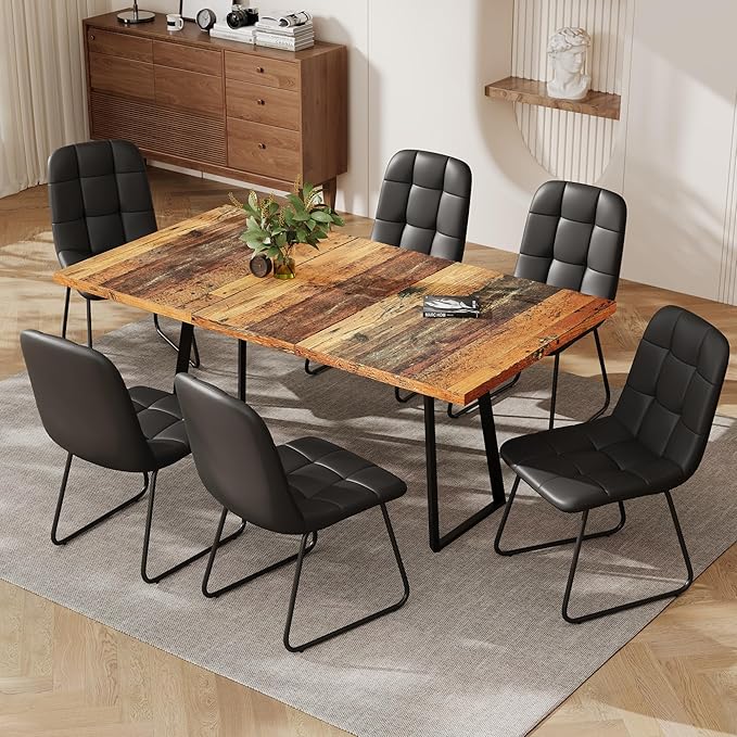 ZckyCine Extendable Dining Table Set 47"-63", Rustic Wood Table with 6 PU Leather Chairs, Modern Scandinavian Dining Room Furniture for Kitchen Apartment