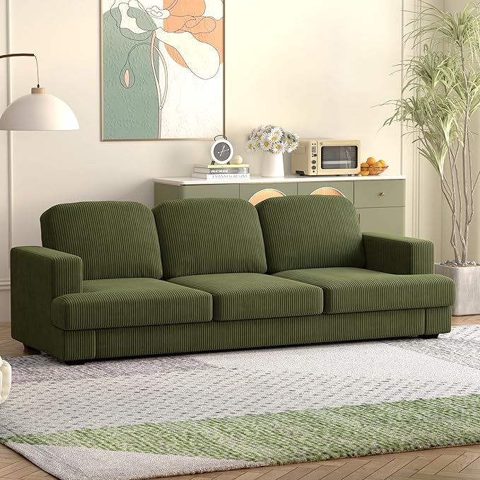 WiberWi 87 inch Couches for Living Room, Comfy 3 Seater Sofa with Deep Seat, Modern Green Corduroy Couch with Wide Armrests, Upholstered Backrests with Removable Cover