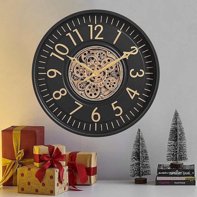 CLXEAST 21 Inch Moving Gear Wall Clock, Large Regular Arabic Numeral Wall Clocks for Living Room Decor,Modern Black& Gold Finish,House Warming Gifts New Home