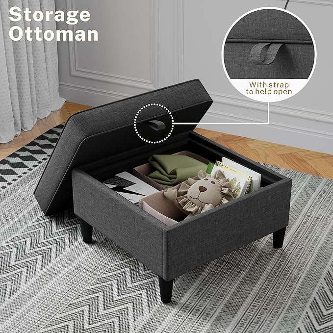 25 inch Square Storage Ottoman for Modular Sectional Sofa, Oversized Bench Ottoman Coffee Table Foot Stool, Convertible Sectional Couch for Living Room, Dark Grey