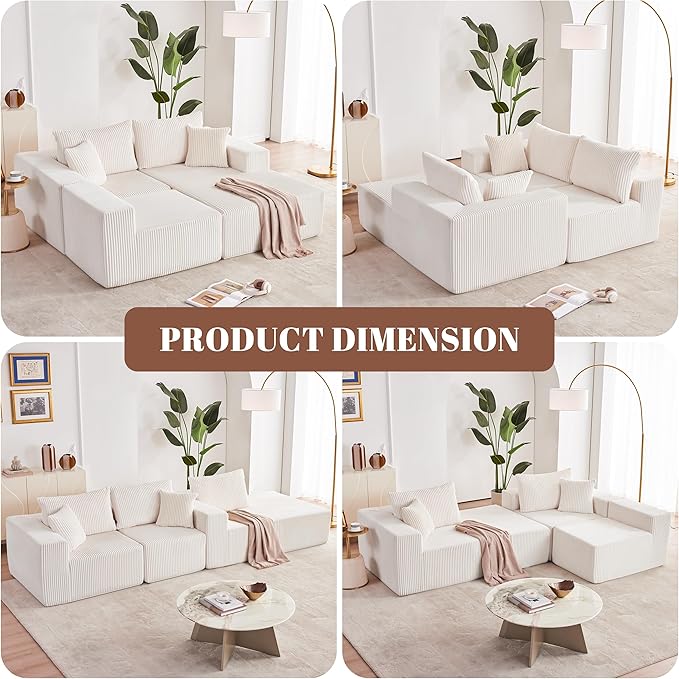 108” Modular Sectional Sofa, Cloud Sectional Couch with Deep Seat, Modern Modular L-Shape Sofa with Chaise,Upholstered Boneless Couches for Living Room (Corduroy, Beige)