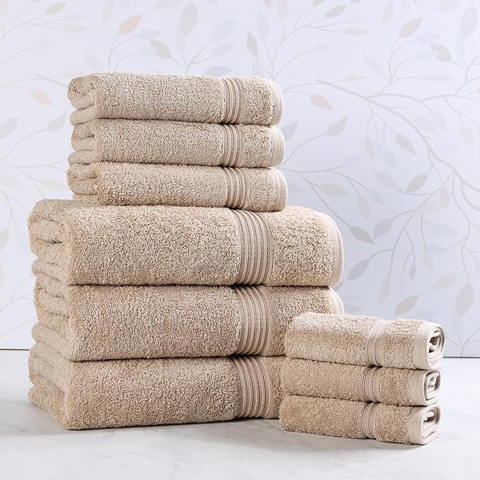 Superior Egyptian Cotton 9-Piece Towel Set, Assorted Towels for Home Bathroom, Guest Bath Decor Essentials, Includes 3 Bath, 3 Hand, 3 Face Towels/Washcloths, Quick Dry, Absorbent - Taupe