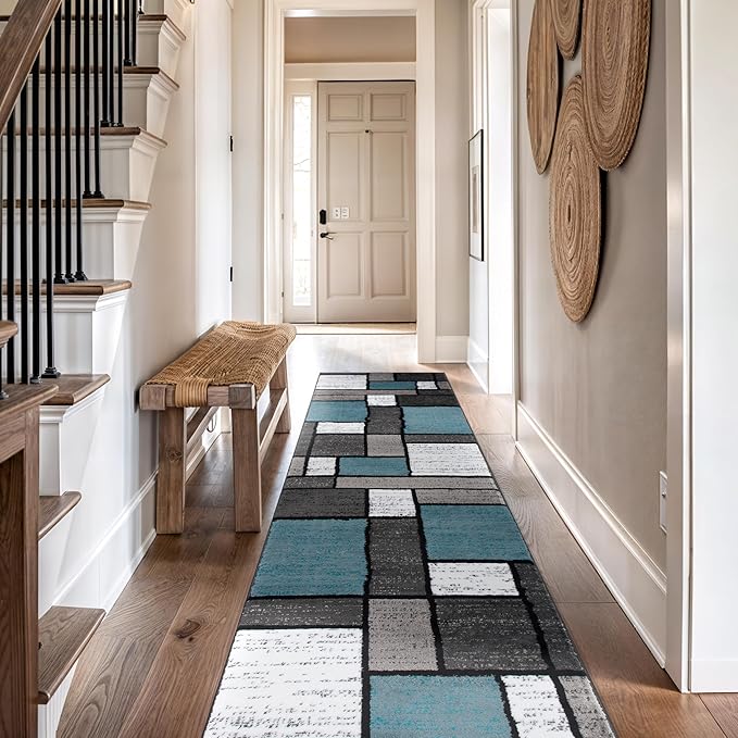 Rugshop Contemporary Modern Boxes for Home Office,Living Room,Bedroom,Kitchen Non Shedding Runner Rug 2'7" x 10' Blue