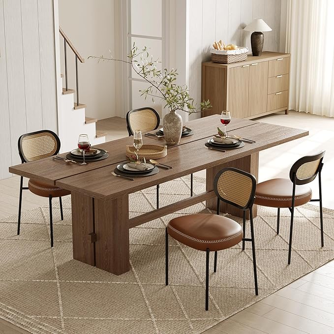 Rattan Dining Chairs Set of 4, Camel Leather Upholstered Dining Chairs with Rattan Cane Back, Mid Century Modern Dining Room Chairs with Black Metal Legs & D-Shaped Thicken Cushion, Camel