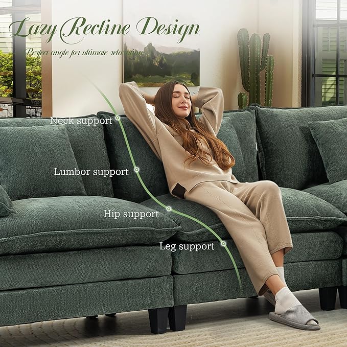 Modular Sectional Sofa, Comfy Cloud Couch with Movable Ottoman, Deep Seat Couches for Living Room, Bedroom and Apartment, 106" L Shaped Modern Sofa with Pillows, Green