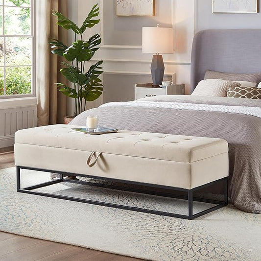 mikibama Velvet Storage Bench,58.6" Long Ottoman with Storage for Living Room,Tufted Storage Benches for Bedroom End of Bed,Entryway,Rectangle Window Seating Bench with Storage. (Velvet Beige)