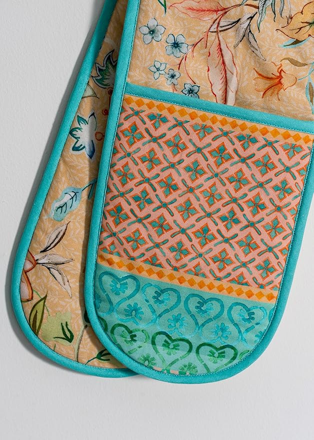 Maison d' Hermine Double Oven Mitts 100% Cotton 7"x35" Double Oven Mitt Heat Resistant BBQ Cooking Gloves with Loop, Baking, Grilling, Kitchen, Handling Hot Pans Spring Summer (Luxury Loft – Peach)