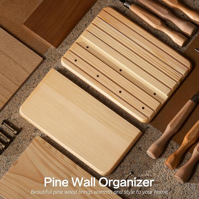 Rebee Vision Small Key Holder Wall Mount for Home Organization – Decorative 7-inch Pine Wooden Key Holder for Wall with 4 Hooks & Floating Shelf - Stylish Home Decor Solution (Natural Wood)