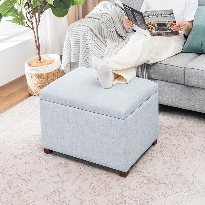 Joveco 24" Linen Storage Ottoman Bench, Rectangle Foot Rest Stool for Living Room, Bedroom, Entryway, Linen Llight Bue