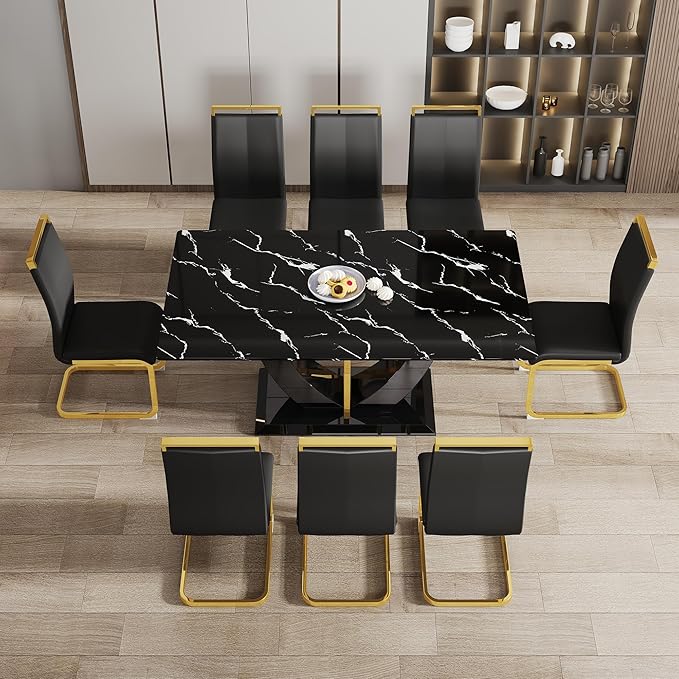 71" Dining Table Set for 8, Black Faux Marble Dining Room Table Set for 8, Large Rectangular Kitchen Table Set and PU Leather Chairs,Tempered Glass Glossy Table with Golden Leg