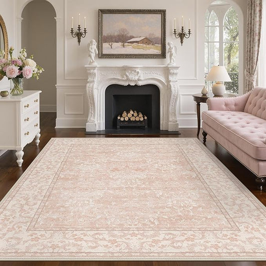 GENIMO 8x10 Washable Area Rug, Non-Slip Vintage Boho Floral Carpet, Soft Low-Pile Thin Living Room Rug for Bedroom, Dining Room, Nursery, Pink White