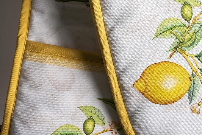 Maison d' Hermine Double Oven Mitts 100% Cotton 7"x35" Double Oven Mitt Heat Resistant BBQ Cooking Gloves with Loop, Baking, Grilling, Home, Kitchen, Handling Hot Pans Spring Summer (Limoncello)