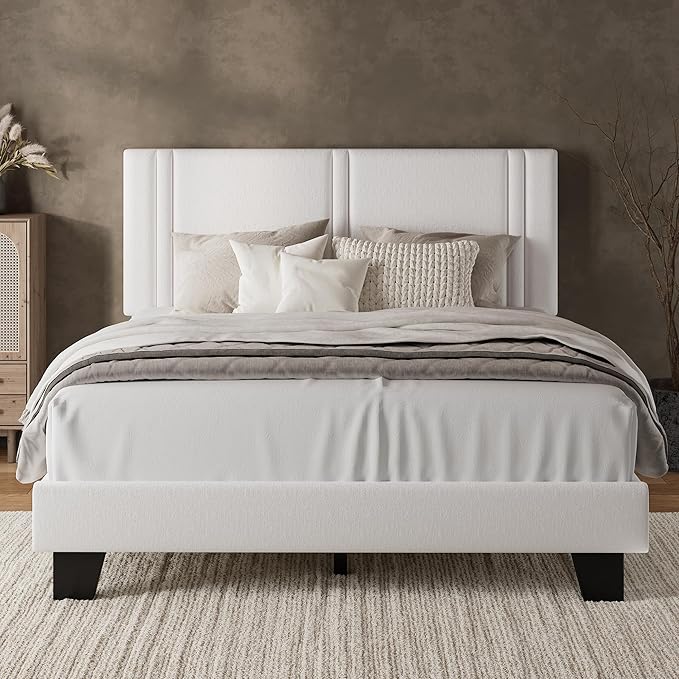 iPormis Queen Platform Bed Frame with Velvet Upholstered Headboard & Thickened Legs, Mattress Foundation with Solid Wooden Slats Support, No Box Spring Needed, Noise Free, White