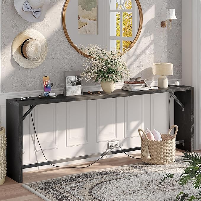 TIQLAB Sofa Table, 79''L x 9.1''W (1.2'' Thickness) Long Console Table Behind Couch, Entryway Table with Angled Metal Frame, Industrial Console Table, Black