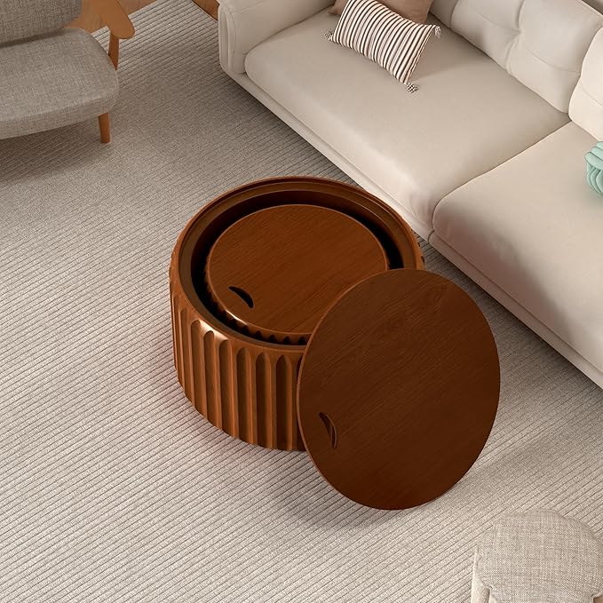 26" Round Nesting Coffee Table Set of 2 with Storage, Modern Round Wood Fluted Coffee Tables with Storage for Living Room Nesting End Table for Small Space (A Walnut)