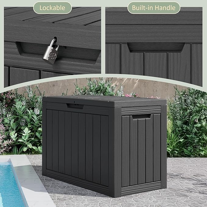 Outdoor Storage Box, Resin Deck Boxes Indoor and outdoor, Waterproof Storage Box Lockable Lid (Black, 45 Gallon)