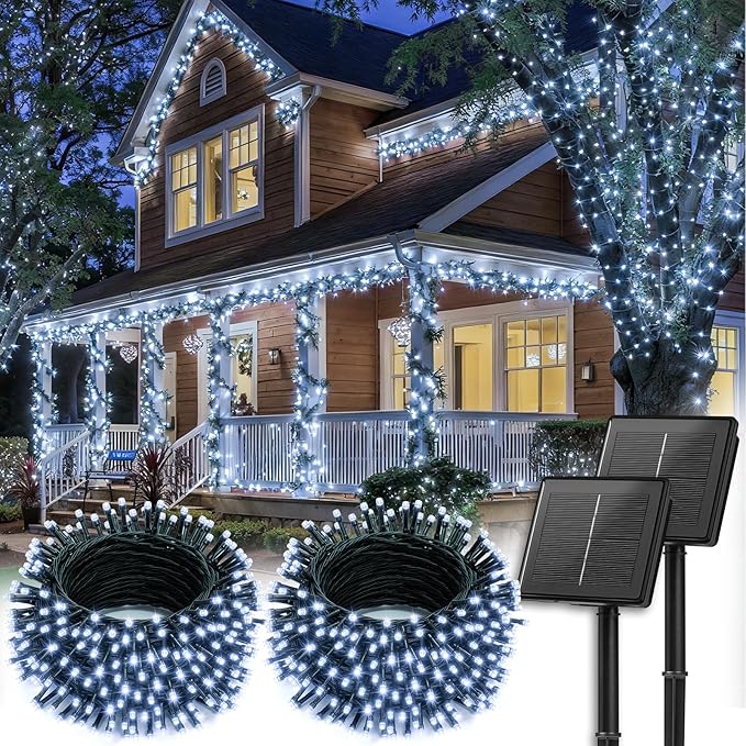 Brightown 2 Pack Solar Christmas String Lights Outdoor, Total 144Ft 400 LED Twinkle Fairy Lights Waterproof with 8 Modes Auto On/Off for Patio Tree Garden Party Home Wedding Decorations (Cool White)