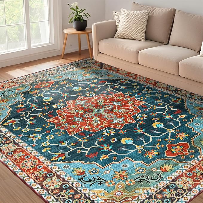 WILLSUN Washable Area Rugs, 6x9 Non-Slip Boho Large Area Rugs for Living Room, Bedroom, Machine Washable Vintage Rug, Indoor Floral Print Carpet for Home Decor, Kid & Pet Friendly Mat