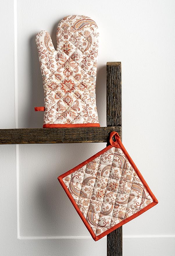 Maison d' Hermine Pot Holders Set 100% Cotton Heat Resistant Potholders 8" x 8" Hot Pads with Loop for Thanksgiving Christmas Decorations BBQ Cooking Baking Handling Hot Pans (Pack of 2, Cachemire)