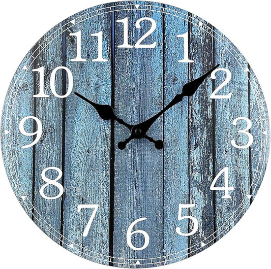 Plumeet Small Wall Clock, 10'' Frameless Wooden Wall Clocks with Silent Quartz Movement, Rustic Coastal Country Village Clocks Decorative for Kitchen Bedroom Living Room, Blue