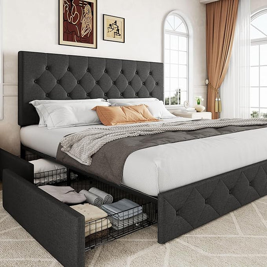 Allewie Upholstered King Size Platform Bed Frame with 4 Storage Drawers and Headboard, Diamond Stitched Button Tufted, Mattress Foundation with Wooden Slats Support, No Box Spring Needed, Dark Grey