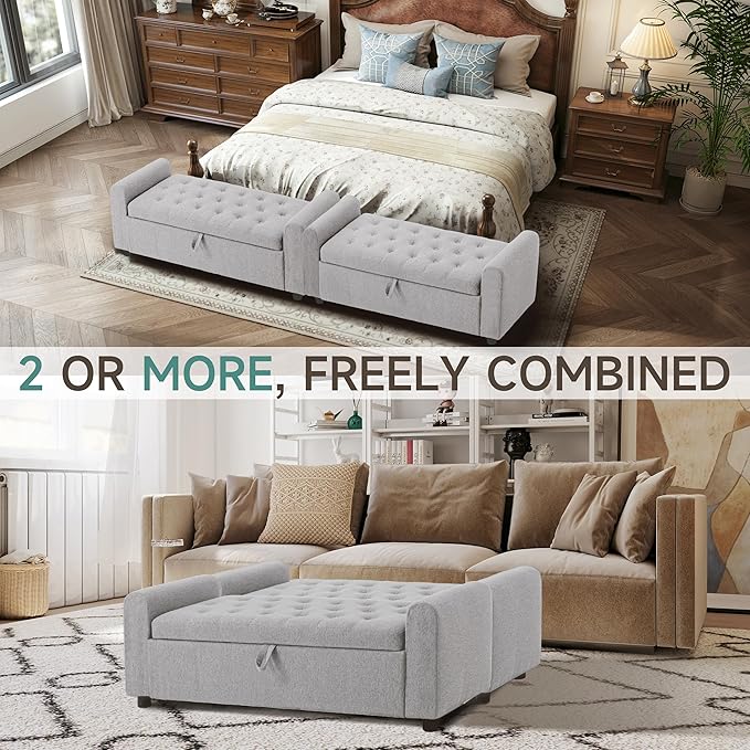 Ottoman with Storage, Tufted Storage Bench for Bedroom, 48" Fabrics End of Bed Bench, Upholstered Entryway Shoe Benches with Rolled Arm & Inner Zipper, Window Ottomans Chest without Rivets, Light Grey