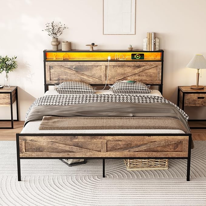 Vabches Full Size Bed Frame with Headboard and Charging Station, Brown Platform Bed Frame with Led Light, No Box Spring Needed, Noise Free Farmhouse Bedroom Set