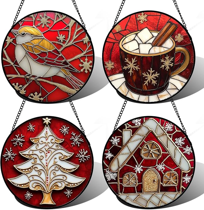 Stained Glass Window Hanging 4 Pcs Set Red Christmas Themed Decorations Large 15" - Suncatcher Door Garden Sun Catcher Decor Birthday New Year for Mom Woman Nana Men