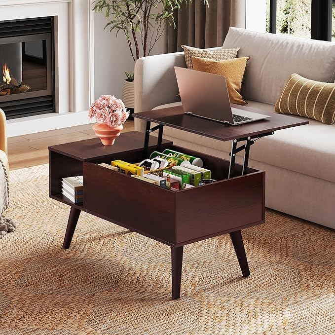 WLIVE Coffee Table for Living Room, Small Coffee Table with Storage, Lift Top Modern Wooden Dining Center Table with Storage Shelf & Hidden Compartment, 31.5" Espresso