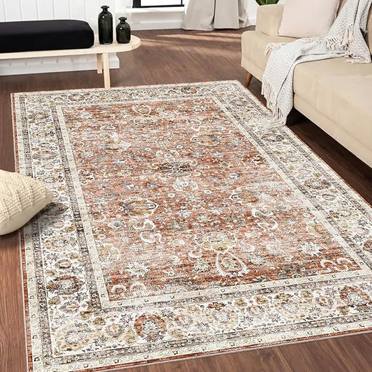 Deerly Machine Washable 5x7ft Area Rugs, Non Slip Large Rug for Living Room Bedroom Dining Room, Low-Pile Kid & Pet Friendly Distressed Carpet Print Floor Rug(Brick Red)