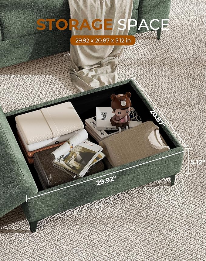 88.97" L Shaped Sectional Couches for Living Room, Deep Seat Sofa with Big Storage Ottoman & 8”Cushion, Comfy 2-Seater Chenille Loveseat, Convertible Armrest, Removable Cover for Small Space(Green)