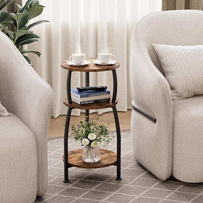 Small Round Side Table, 3-Tier End Table with Storage Shelf, Slim Sofa Table Coffee Table, Sturdy & Easy Assemble Nightstand for Small Spaces, Living Room Bedroom Corner, Rustic Brown