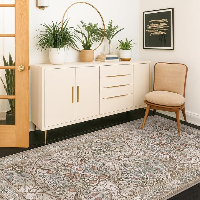 Vintage Moss Green 3x6 Area Rugs for Large Entryway, Bedroom Beside Rug, Kitchen, Non-Slip Low Pile Ultra Soft Stain Resistant Small Floral Neutral Carpet