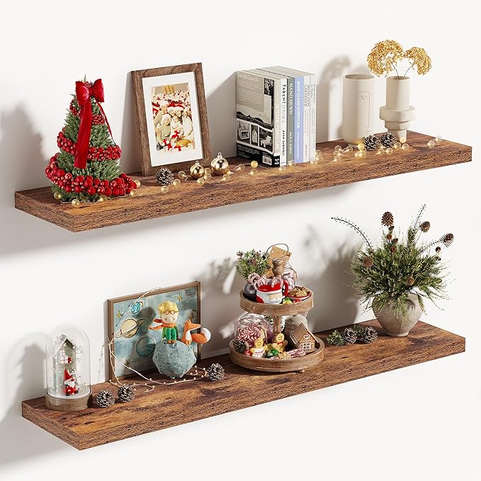 Vivelove 10 Inch Deep Floating Shelves 36 inch Long, 36 x 10 Wide Wall Shelves with Invisible Brackets, for Bedroom Bathroom Living Room Kitchen Office, Farmhouse Home Decor, Set of 2, Rustic Brown