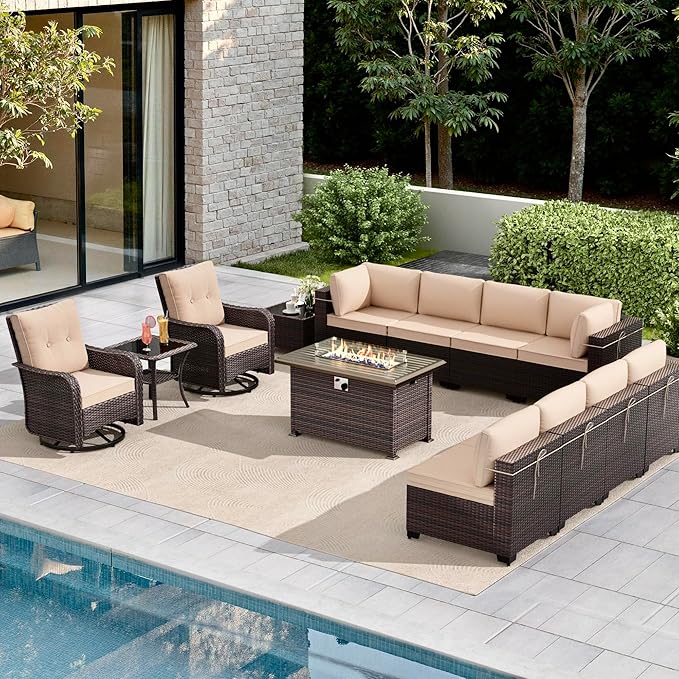 Gotland 13 Pieces Patio Furniture Set with Fire Pit Table Swivel Chairs, PE Rattan Outdoor Furniture Set with 29.5'' High Backrest 4’’ Thick Cushions Coffee Table, Patio Set for Porch, Deck, Khaki