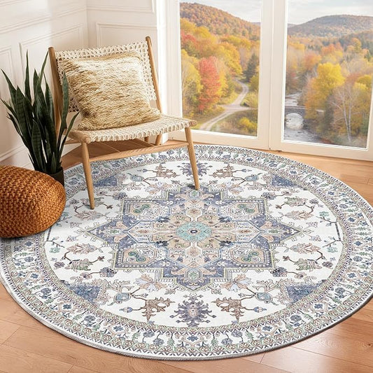 OPPODREAM Thin Round Rug 5ft, Washable Circle Rug 5ft with Non Slip Backing Play Room, Low-Pile Carpet 5 ft, Faux Cashmere Throw Carpet, Purple & Green & Cream