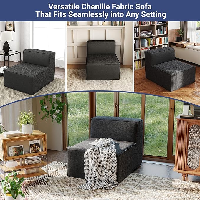 38“ Modular Sectional Sofa Convertible Cube Thick Couch Seat Set, Combine L-Shaped U-Shaped, Free Assembly, Space-Saving for Living Room, Fabric Chenille Black Grey (Only Armless)