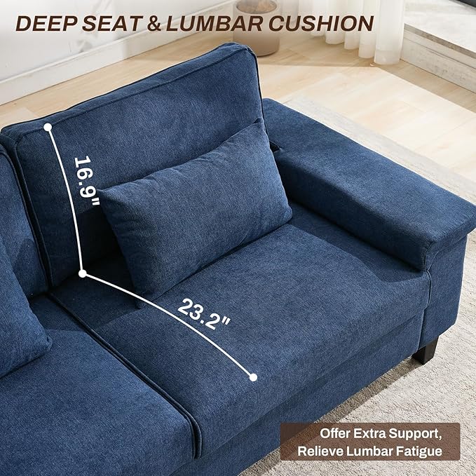 3 Seater Couch for Living Room, 79'' Comfy Deep Seat Sofa with Adjustable Armrests & USB/Type-C Charging Ports, Mid Century Modern Couch for Bedroom, Home Office, Blue