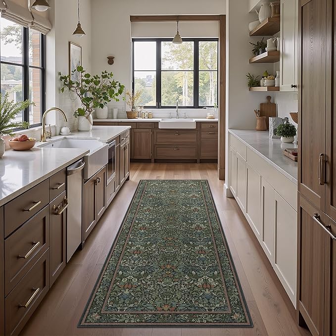 GENIMO Floral Washable Runner Rug 2’6”x8’, Non-Slip Long Hallway Carpet for Entryway, Kitchen, Indoor Floor Use, Vintage Boho Soft Thin Rug Décor, Dark Green