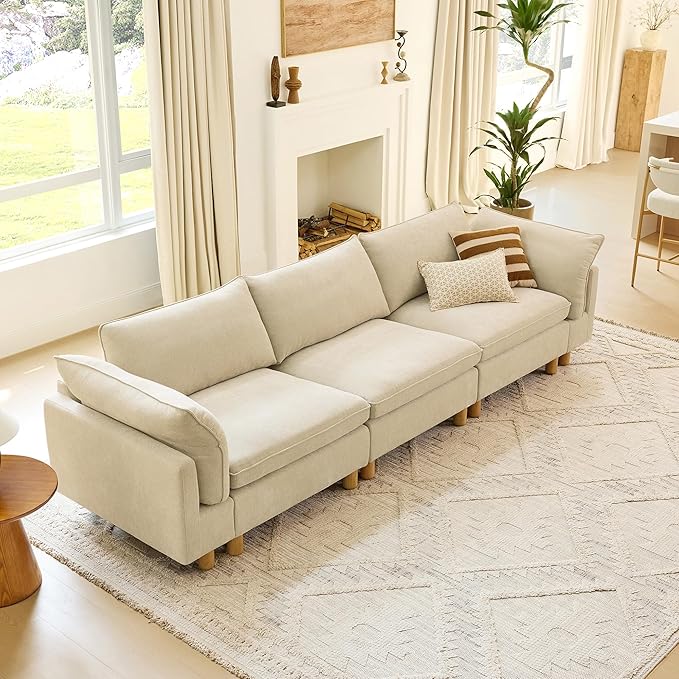 CHITA 127" Super Large Sectional Couches for Living Room, Modular Cloud Couch Sectional Sofa, Premium Fabric Couches, Down Filled, High Density Foam, Chenille in Beige, 3 Seater