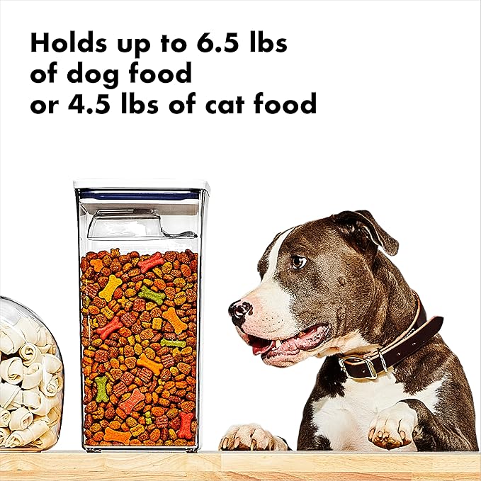 OXO Good Grips Pet POP Container – 6.0 Qt/5.7 L with Half Scoop, Ideal for up to 6.5lbs of Dog Food or 4.5lbs of Cat Food, Airtight Dog and Cat Food Storage Container, BPA Free, Clear