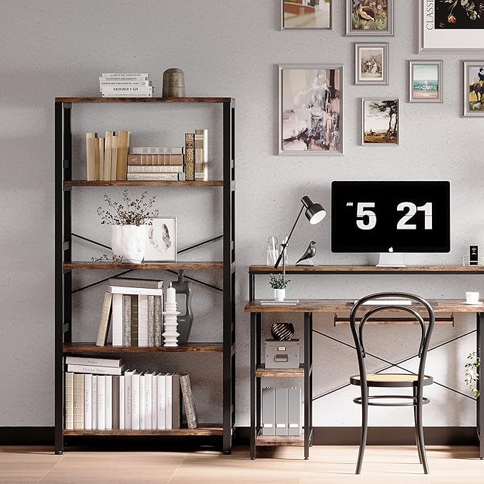 IRONCK Bookshelves and Bookcases, 31.5in Wide Shelf 5-Tier Ladder Shelf 110lbs/shelf Vintage Industrial Style Bookcase for Bedroom Living Room Home, Vintage Brown