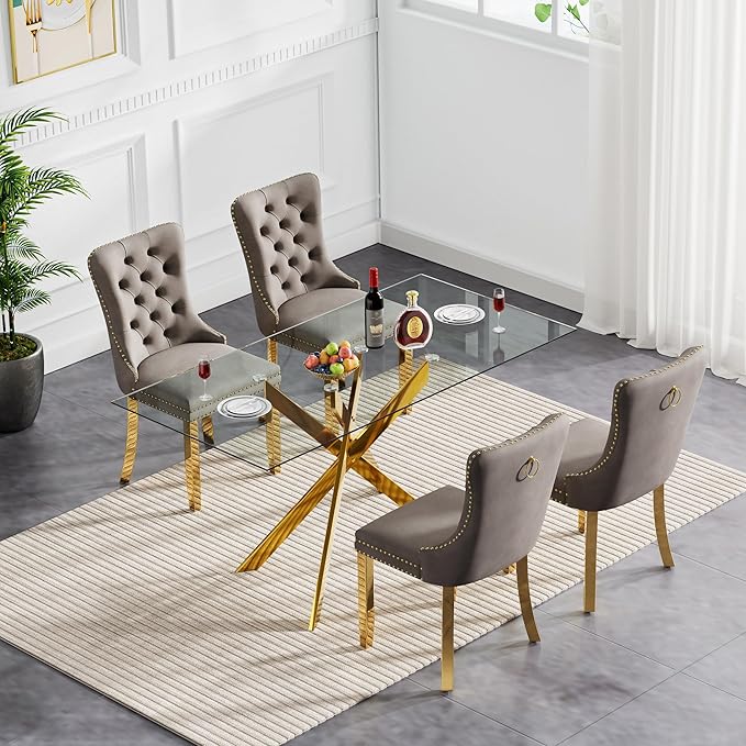 Goujxcy Glass Dining Table Set for 4, Modern Kitchen Table and Chairs Set of 4, 5-Piece Kitchen Dining Room Table Set w/61 Glass Gold Dining Table and 4 Gray Velvet Upholstered Chairs