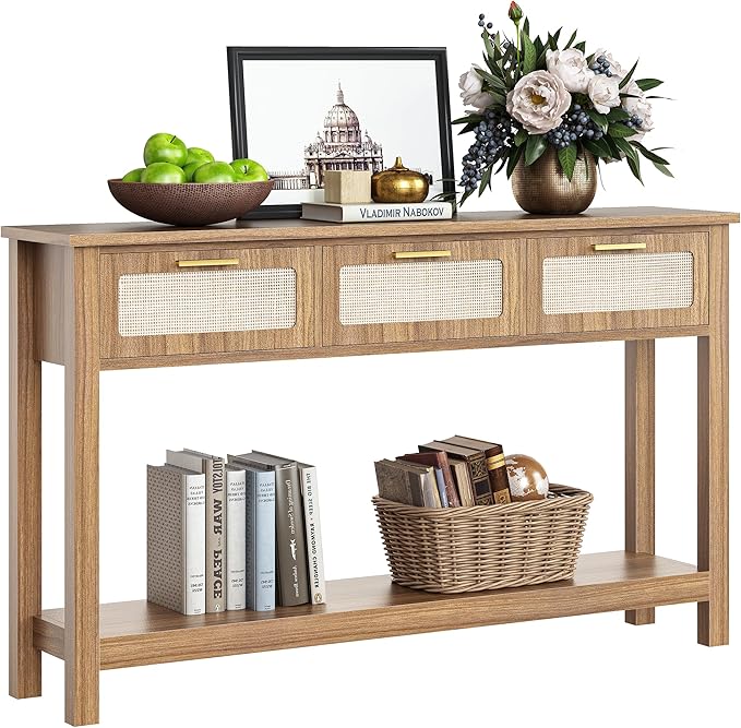 ELYKEN 51.2" Entryway Table with 3 Rattan Drawers, Boho Console Table Narrow with Storage, Long Sofa Table for Behind Couch Entry Hallway, Entrance, Living Room, Oak Brown