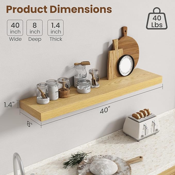 40 Inch Floating Shelves for Wall, 8 Inch Deep Floating Shelf for Storage & Display, Rustic Wall Mounted Shelf with Invisible Brackets for Living Room, Kitchen, Bathroom, Home Decor, Set of 2, Oak