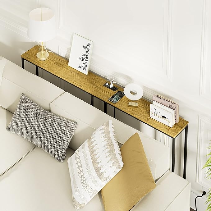 63 Inch Console Table with Power Outlet,Modern Narrow Long Sofa Table Behind Couch,Skinny Entry Table with Black Metal Frame for Entryway,Living Room, Hallway,3D Oak