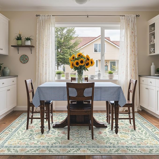 GENIMO 5x7 Washable Area Rug, Non-Slip Vintage Boho Floral Carpet, Soft Low-Pile Thin Bedroom Rug for Living Room, Dining Room, Nursery, Green