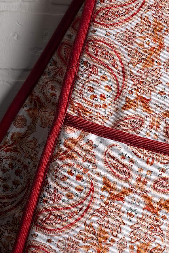 Maison d' Hermine Double Oven Mitt (7" x 35") 100% Cotton Heat Resistant BBQ Cooking Gloves with Loop for Thanksgiving Christmas Decorations Baking Cooking Barbeque Handling Hot Pan (Orient)